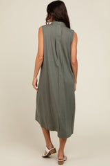 Olive Linen Button Down Midi Dress