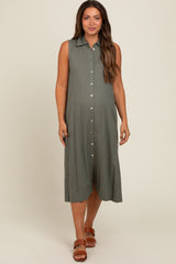 Olive Linen Button Down Maternity Midi Dress