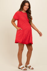 Red Heather Ribbed Cut Seam Maternity Dress