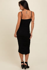 Black Ruched Mesh Fitted Tulip Hem Dress