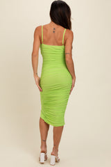 Lime Ruched Mesh Fitted Tulip Hem Dress