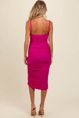 Fuchsia Ruched Mesh Fitted Maternity Tulip Hem Dress