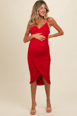 Red Ruched Mesh Fitted Maternity Tulip Hem Dress