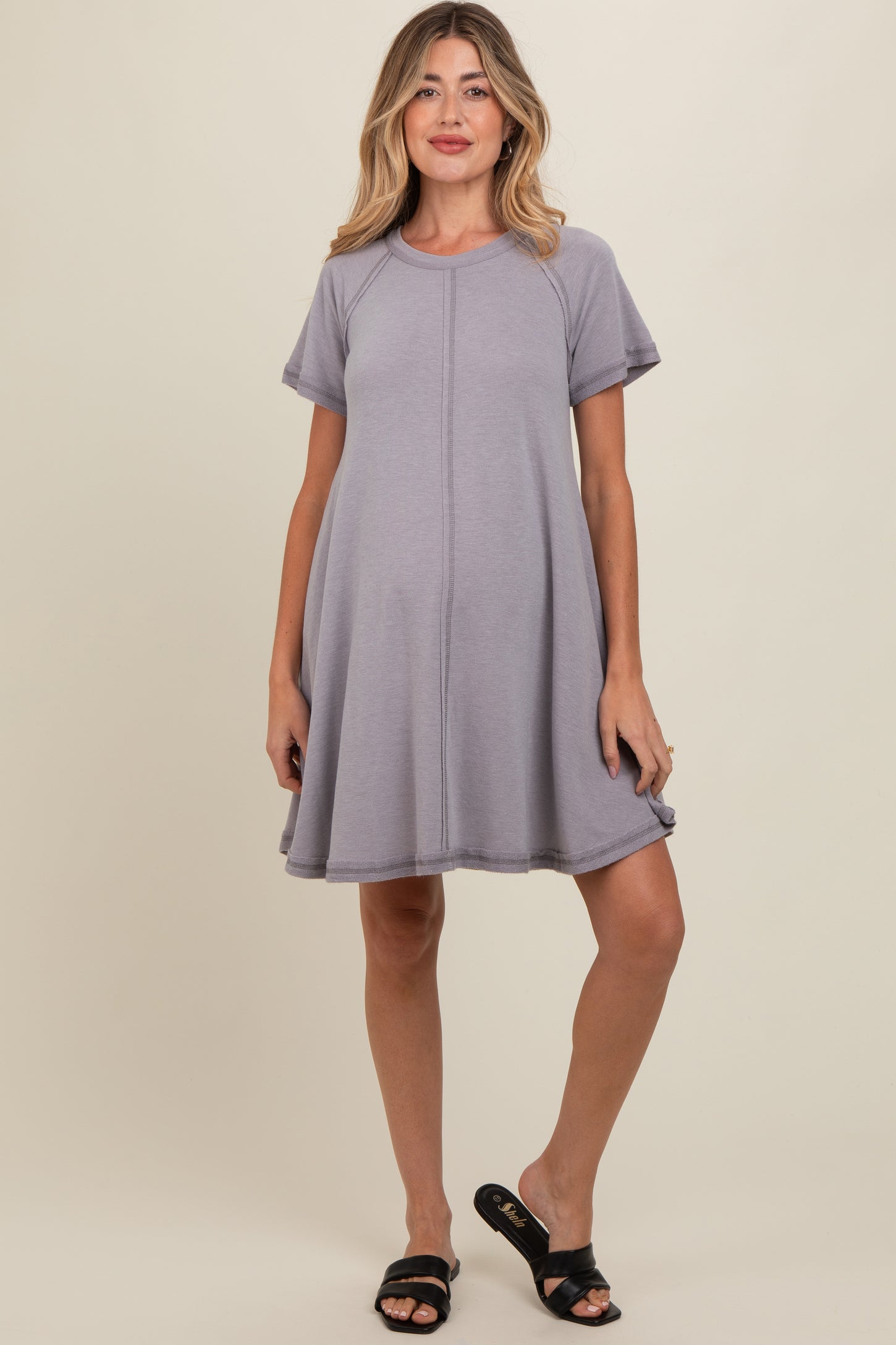 Grey Solid T-shirt Maternity Mini Dress