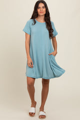 Light Blue Solid T-shirt Maternity Mini Dress