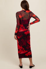 Burgundy Abstract Print Mesh Maxi Dress