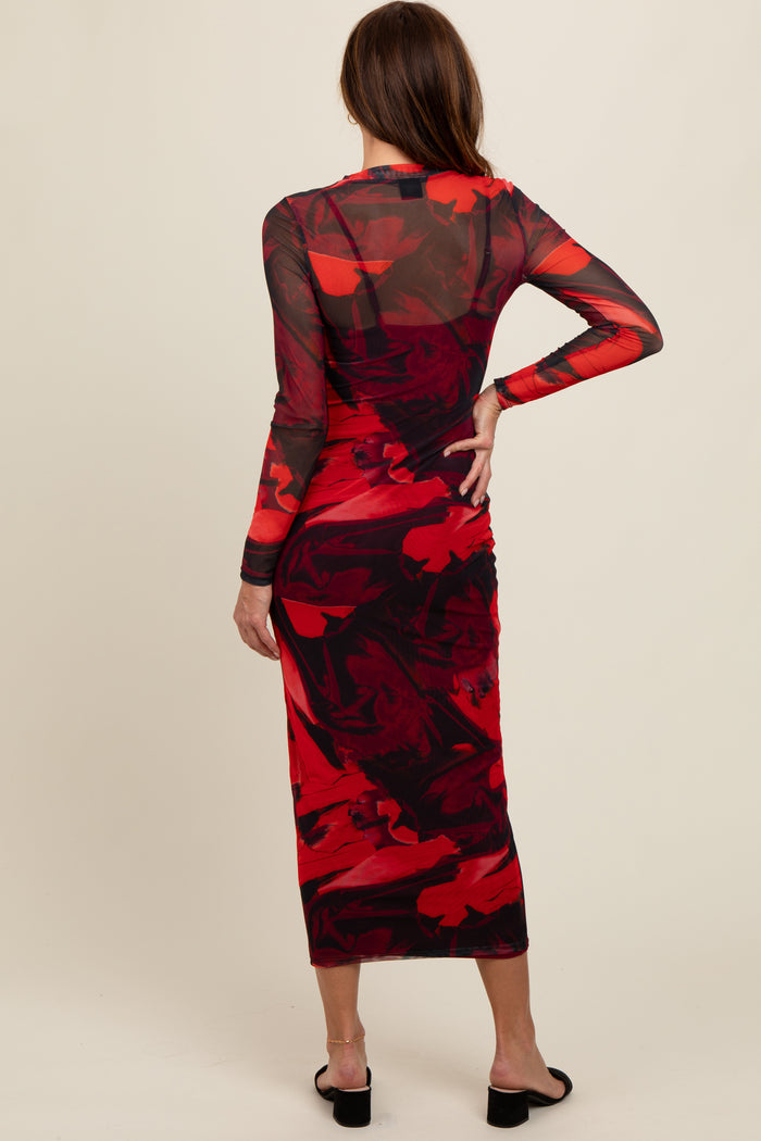 Burgundy Abstract Print Mesh Maxi Dress