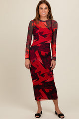 Burgundy Abstract Print Mesh Maternity Maxi Dress