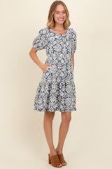 Navy Jacquard Damask Print Dress