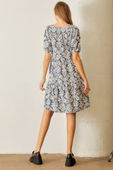 Navy Jacquard Damask Print Dress