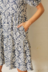 Navy Jacquard Damask Print Dress