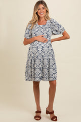 Navy Jacquard Damask Print Maternity Dress