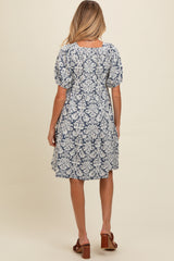 Navy Jacquard Damask Print Maternity Dress