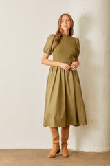 Olive Contrast Knit Bodice Midi Dress