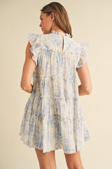 Off White Baby Blue Flutter Sleeve Babydoll Mini Dress