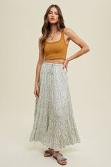 Sage Floral Tiered Maxi Skirt With Drawstring