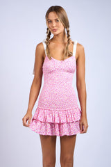 Pink Ditsy Floral Tie Strap Layered Mini Dress