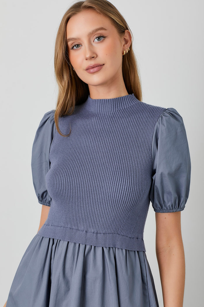 Blue Contrast Knit Bodice Midi Dress