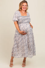 Navy Floral Embroidered Smocked Maternity Midi Dress