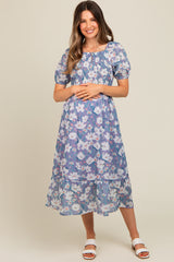 Periwinkle Floral Smocked Maternity Midi Dress