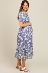 Periwinkle Floral Smocked Maternity Midi Dress