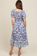 Periwinkle Floral Smocked Maternity Midi Dress