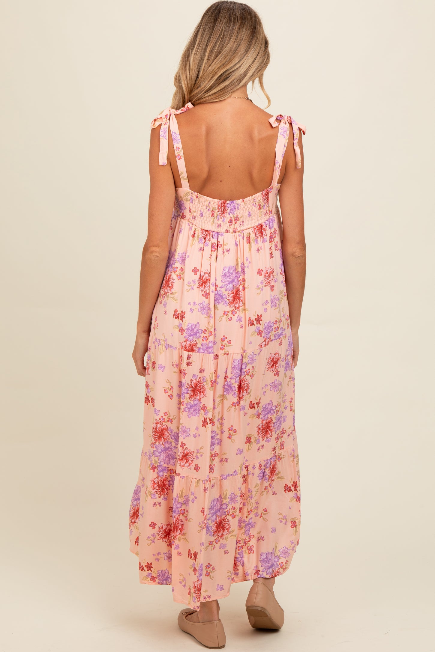 Peach Floral Tie Strap Maternity Maxi Dress