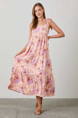 Peach Floral Tie Strap Maxi Dress