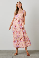 Peach Floral Tie Strap Maxi Dress