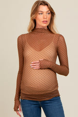 Brown Polka Dot Mesh Long Sleeve Maternity Top