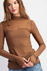 Brown Polka Dot Mesh Long Sleeve Maternity Top