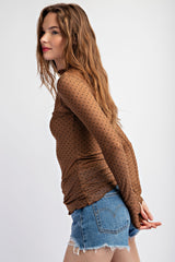 Brown Polka Dot Mesh Long Sleeve Top