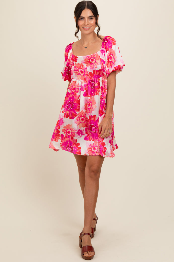 Fuchsia Floral Puff Sleeve Maternity Dress