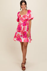 Fuchsia Floral Puff Sleeve Dress