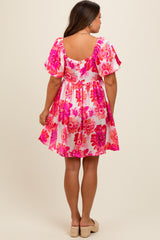 Fuchsia Floral Puff Sleeve Maternity Dress