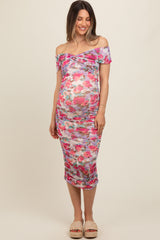 Fuchsia Floral Off Shoulder Ruched Maternity Midi Dress