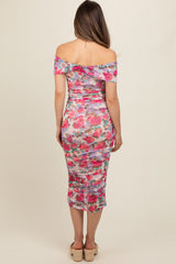 Fuchsia Floral Off Shoulder Ruched Maternity Midi Dress