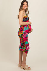 Fuchsia Tropical Halter Maternity Fitted Midi Dress