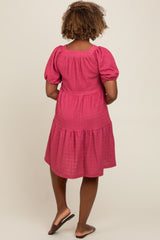 Pink Textured Tiered Puff Sleeve Dress