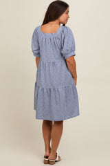 Blue Jacquard Tiered Maternity Dress