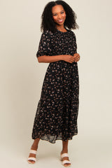 Black Floral Smocked Sash Tie Maternity Midi Dress