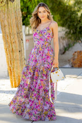 Lavender Floral Print Chiffon Maxi Dress