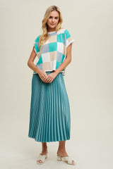 Aqua Satin Pleated Midi Skirt