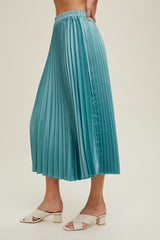 Aqua Satin Pleated Midi Skirt
