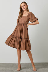 Brown Square Neck Puff Sleeve Dress