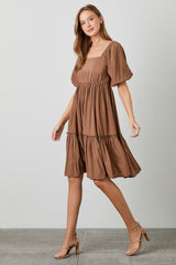 Brown Square Neck Puff Sleeve Dress