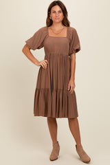 Brown Square Neck Puff Sleeve Maternity Dress