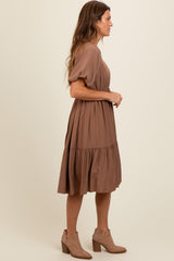 Brown Square Neck Puff Sleeve Dress