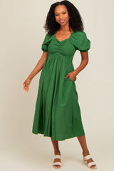 Forest Green Smocked Midi Dress