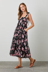 Black Floral Print Tie Strap Midi Dress